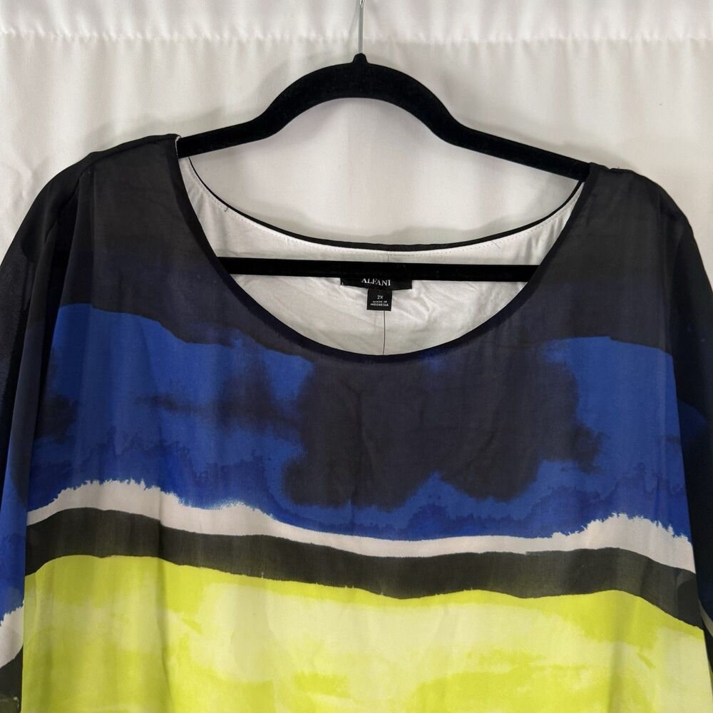 New Alfani Blouse Women's 2X Sheer Sleeve Elastic Bottom Round Neck Short Sleeve - Picture 2 of 10